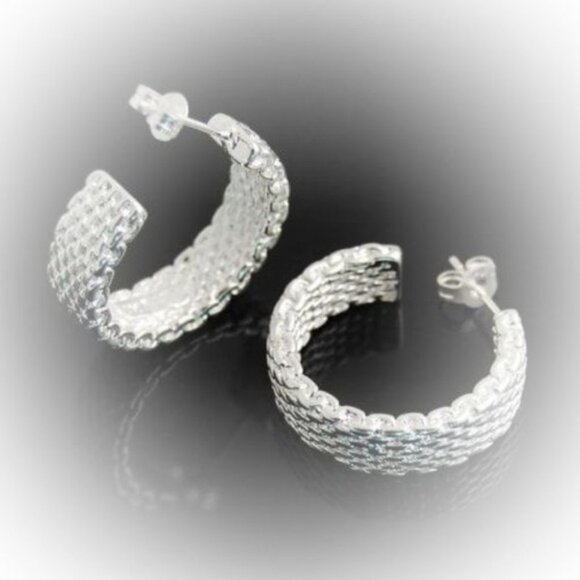 Silver Tone Hoop Mesh Pierced Earrings - Picture 2 of 5